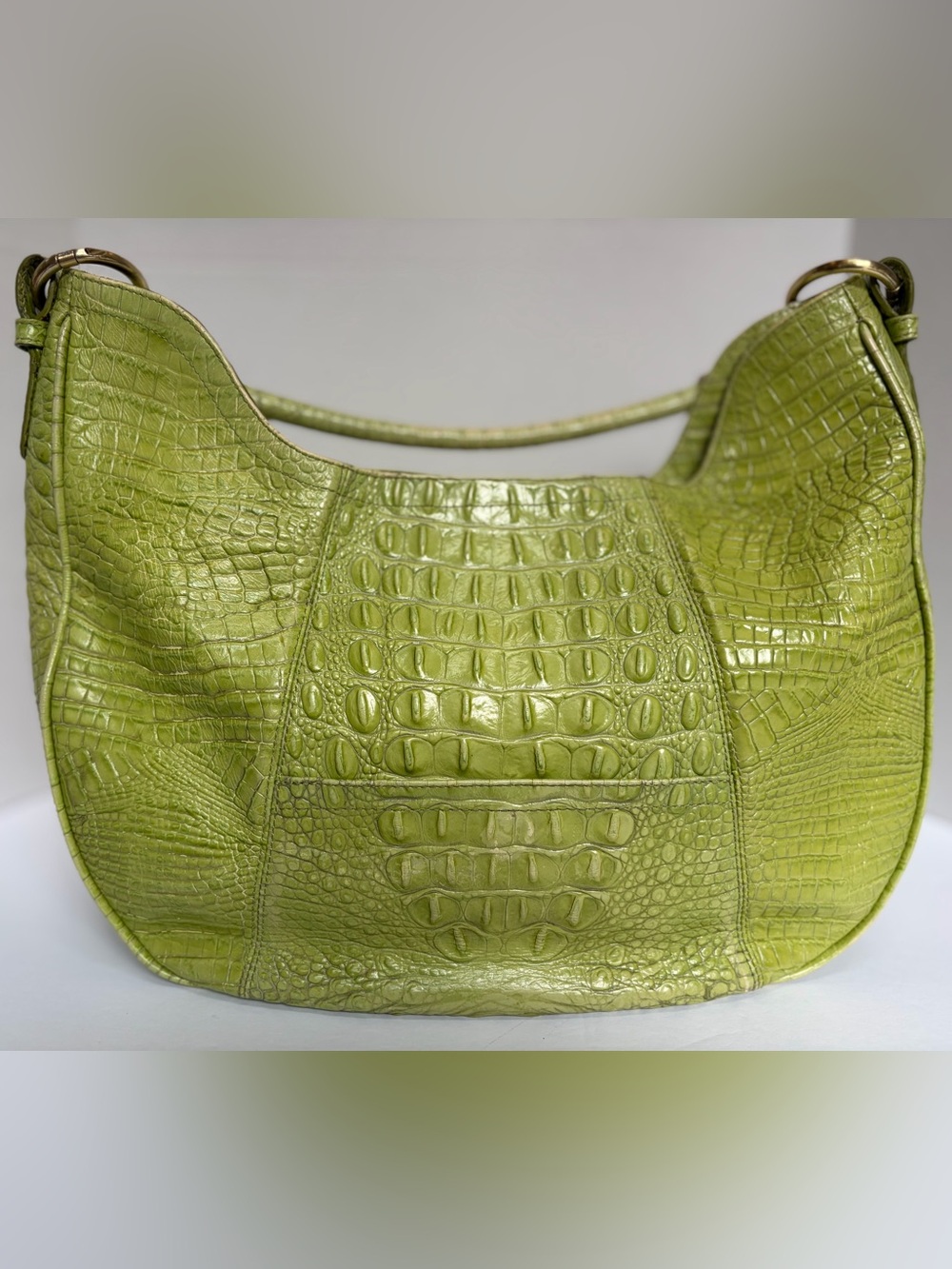 Brahmin Melbourne Lime Green Croc-Embossed Shoulder Bag and wallet.